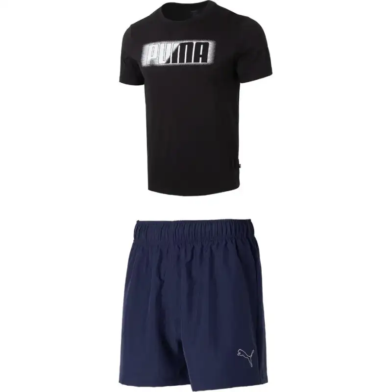 PUMA Casual Sportswear Men's Set Black Top+Tweed Blue Shorts Crew Neck Moderate