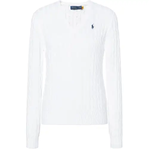Polo Ralph Lauren Cable-Knit Cotton V-Neck Sweater Solid color knitted cotton V-neck embroidered long-sleeved sweater, women's white