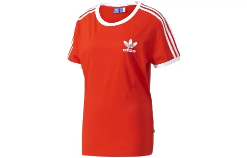 Adidas Originals 3Stripes T Shirts Women's Red Crew Neck Moderate Straight Fit