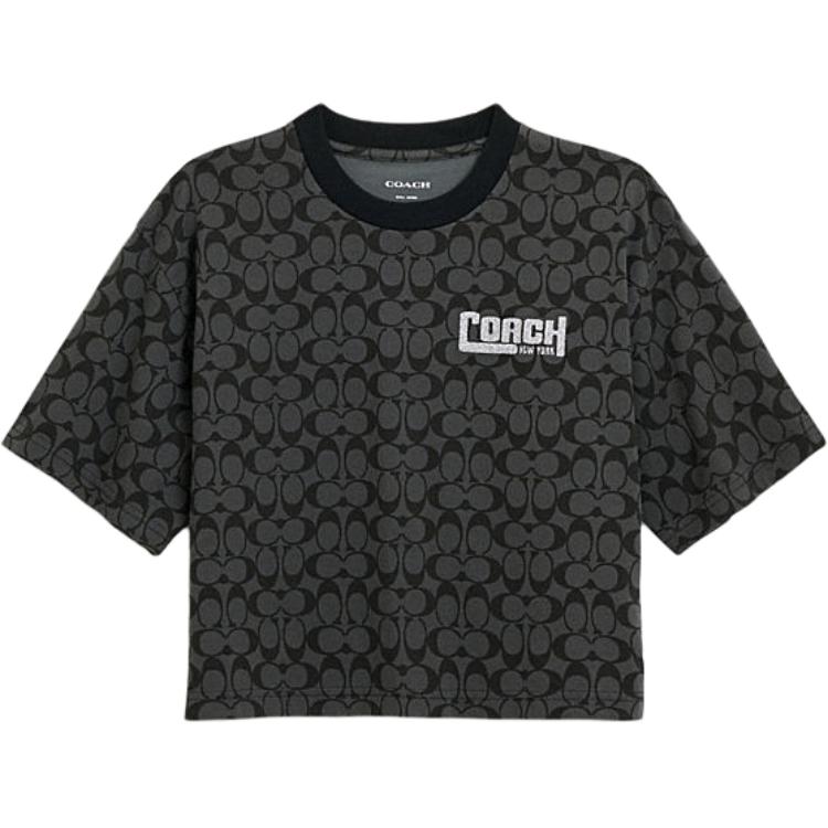 COACH SS24 Letter Logo All Over Print Casual Crew Neck Short Sleeved T Shirt Women's Mixed Black