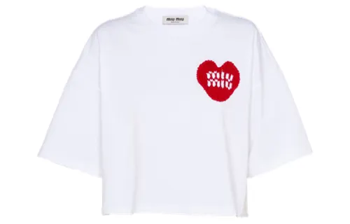 MIU MIU SS22 Heart Embroidery Crew Neck Short Sleeved T Shirt Women's White