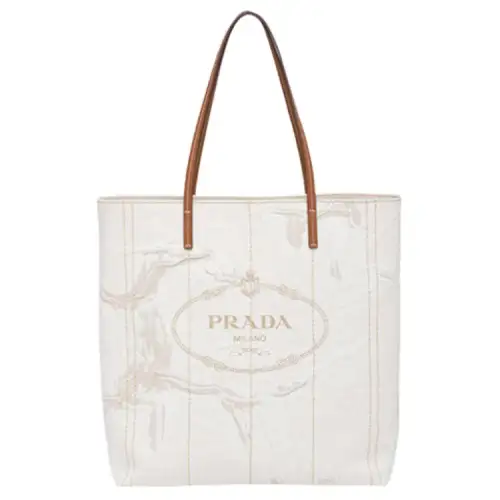 PRADA Linen Blend With Leather Tote Bag, Shopping Bag, Handbag Large Women's Beige/Brandy