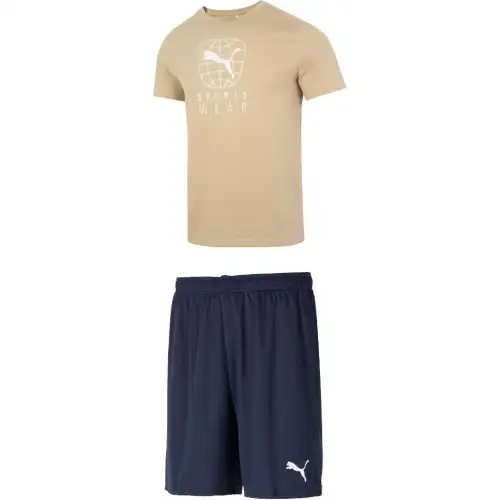 PUMA Casual Sportswear Men's Light Brown Top+Navy Blue Shorts Crew Neck Moderate