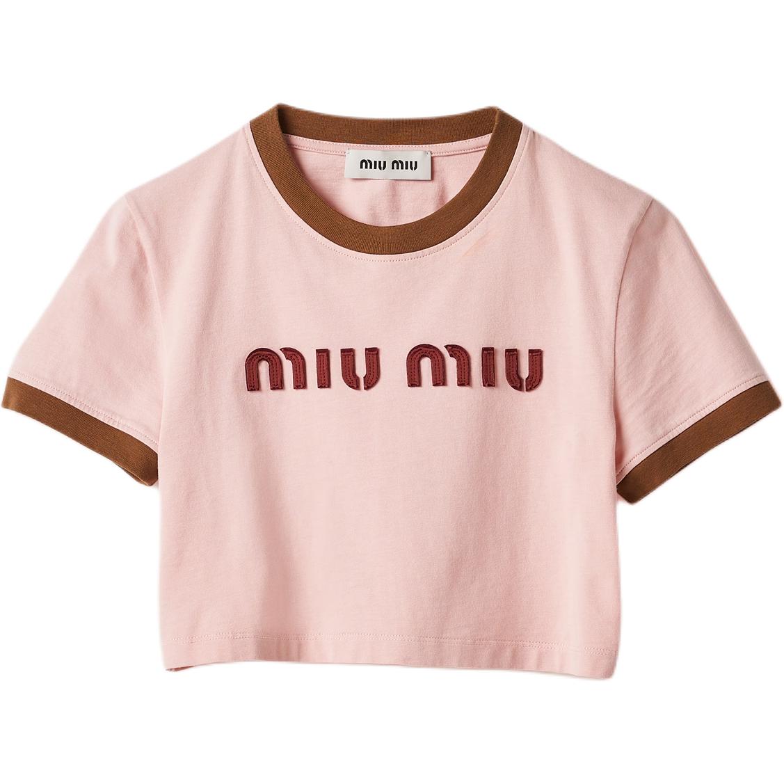 Женская футболка MIU MIU Укороченная с логотипом (розовая)