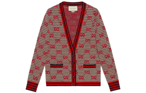 GUCCI Sweaters Women's White Blue Red Multicolor V Neck Moderate Cardigan