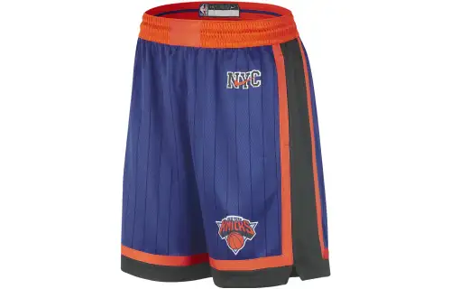 Nike Dri-Fit New York Knicks City Edition 2023/24 Letter pattern printed color-blocking basketball pants City version 2023/24 season New York Knicks Men's blue/bright orange