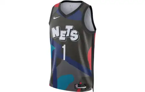 Nike X KAWS joint model alphanumeric printed color-blocking basketball vest City version 2023/24 season Brooklyn Nets Mikal Bridges No. 1 Men's Black