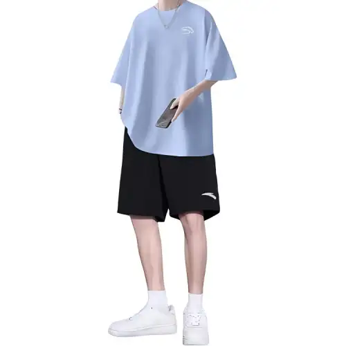 ANTA Casual Sportswear Men's Set Ceramic Blue Short Sleeved Shirt+Basic Black Shorts Crew Neck Moderate