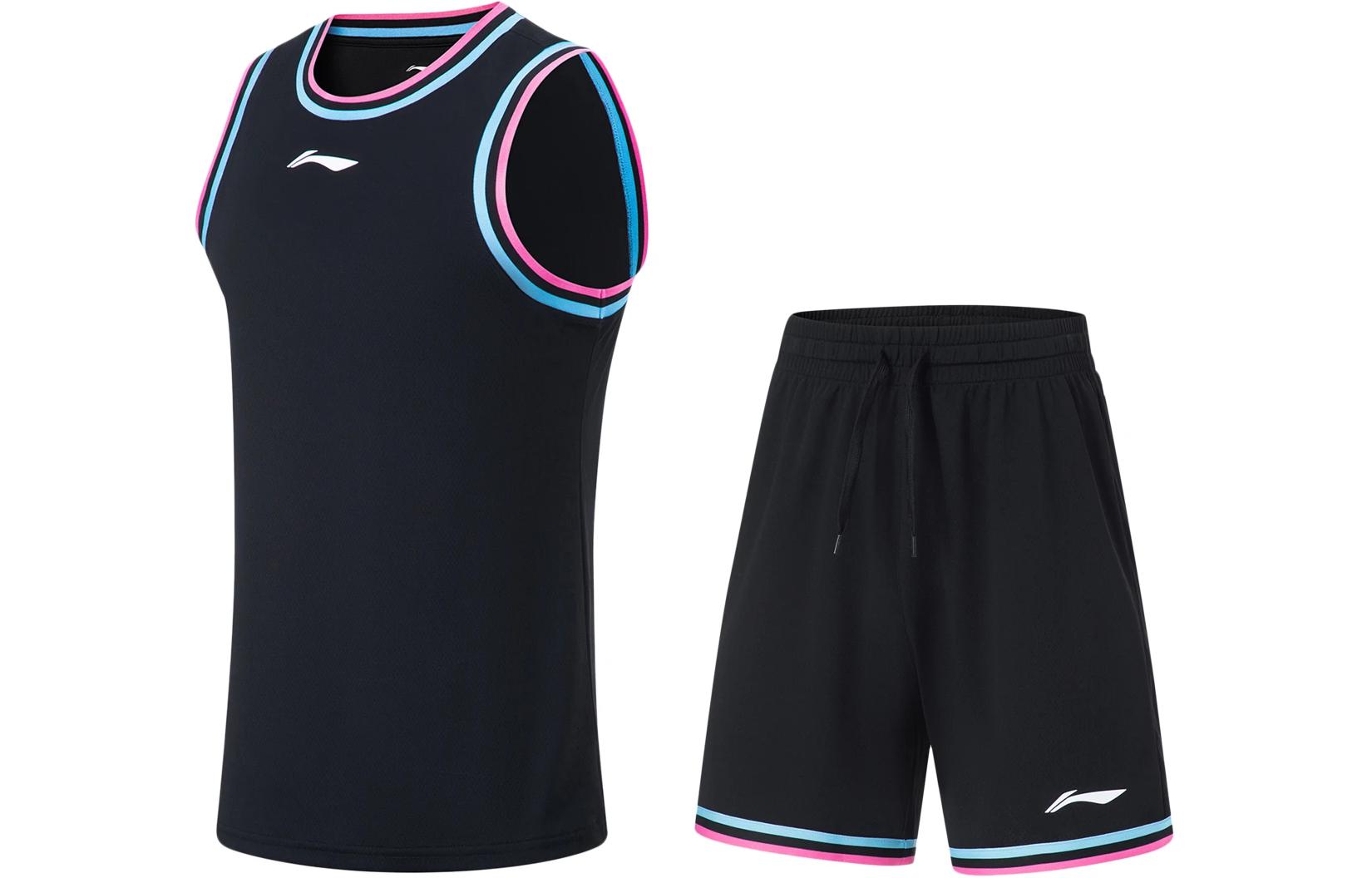 Li Ning Professional Basketball Collection Basketball Suit Men’s Black Pink Blue Webbing