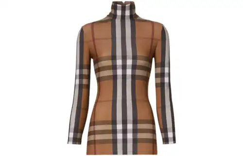 Burberry FW22 Woman's Stretch Jersey With Tartan Motif Top Brown