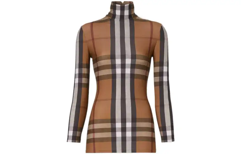 Burberry FW22 Woman's Stretch Jersey With Tartan Motif Top Brown