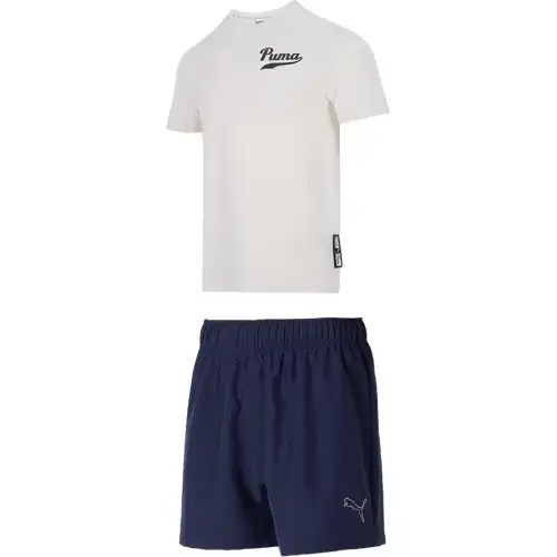 PUMA Casual Sportswear Men's Set Ecru Top+Tweed Blue Shorts Crew Neck Moderate