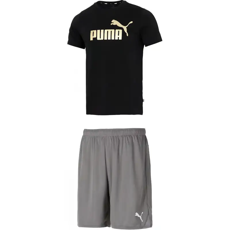PUMA Casual Sportswear Men's Clothing Set Black Top+Gray Shorts Crew Neck Moderate