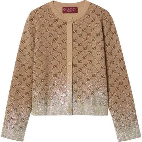 GUCCI Crystals Embroidered Wool Gg Jacquard Cardigan Beige/Dark Brown