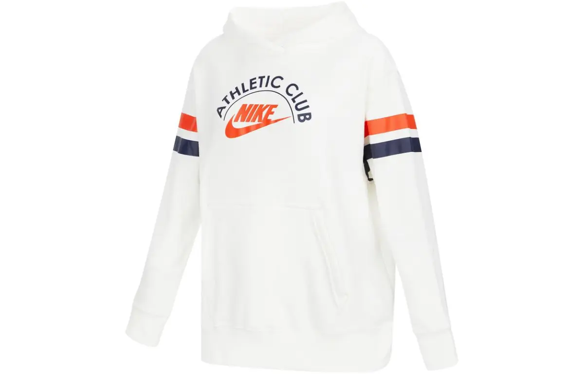 Nike Sportswear Letter Logo Print Brushed Fleece Lined Hooded Pullover Sweatshirt Winter Women's White