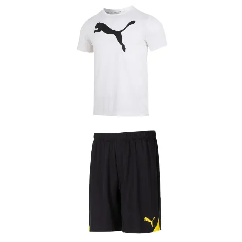 PUMA Casual Sportswear Men's Set White Top+Black Yellow Shorts Crew Neck Moderate