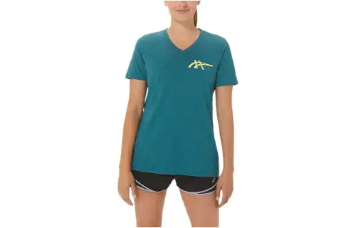 ASICS HERITAGE AMERICANA T Shirts Women's Green Crew Neck Moderate Straight Fit