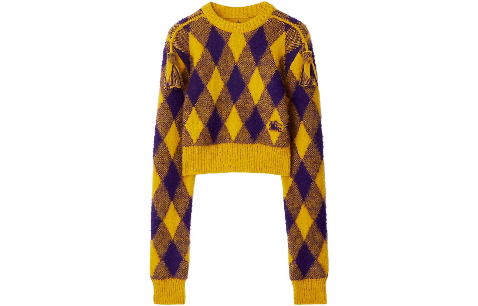 Burberry Burberry FW23 plaid jacquard woven fringed long-sleeved sweater for women, autumn pear yellow