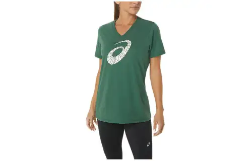 Asics Holiday Lights Logo V Neck T Shirt Women's Green