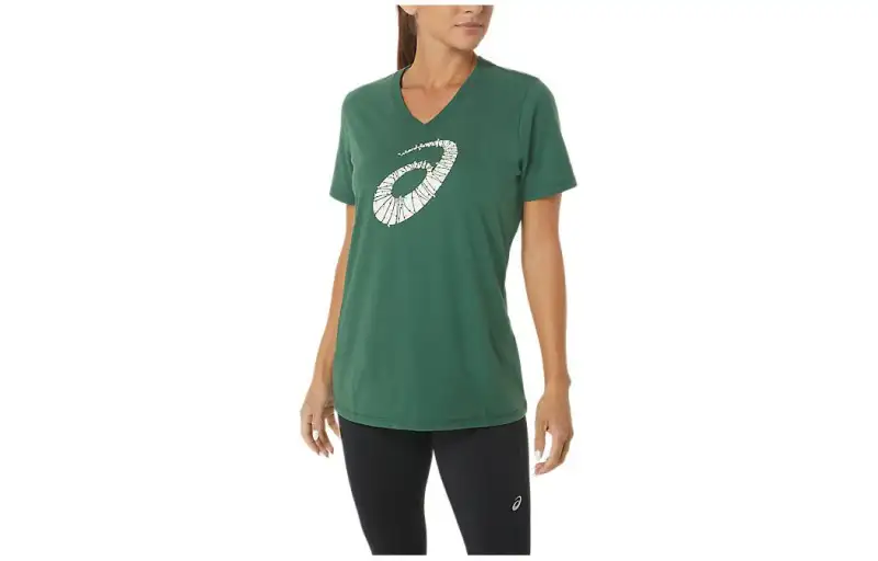 Asics Holiday Lights Logo V Neck T Shirt Women's Green