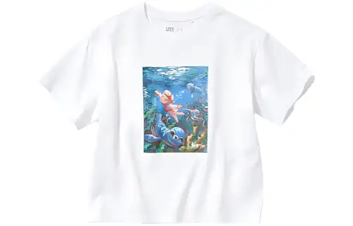 UNIQLO X POP MART POP MART T Shirts Women's White Crew Neck Moderate Straight Fit