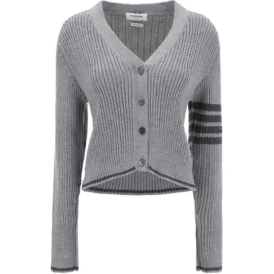 THOM BROWNE V Neck Cropped Cable Knitted Cardigan