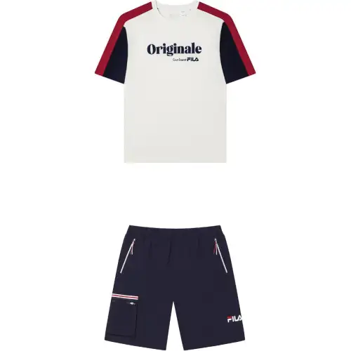 FILA Casual Sportswear Men's Set Cloud White Top+Secret Mirror Blue Shorts Crew Neck Moderate