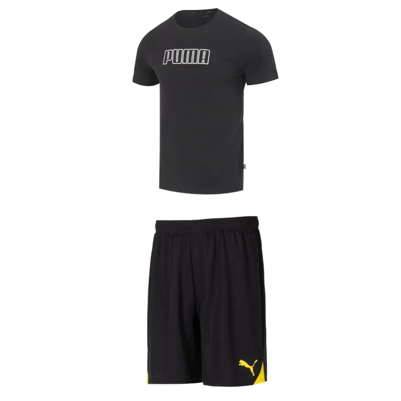 PUMA Casual Sportswear Men's Set Black Short Sleeved Shirt+Black Yellow Shorts Crew Neck Moderate