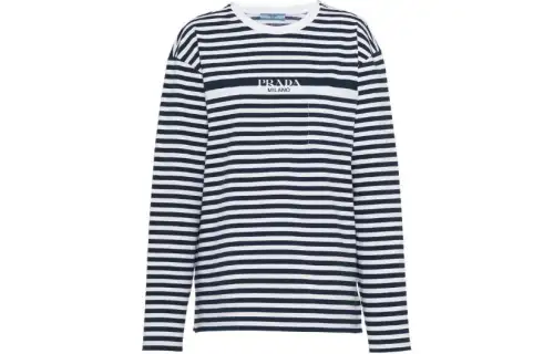 PRADA T Shirts Women's Blue With White Lettering Crew Neck Moderate Straight Fit