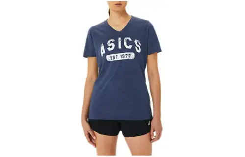 Asics Short Sleeve Est 1977 V Neck Tee T Shirt Women's Blue