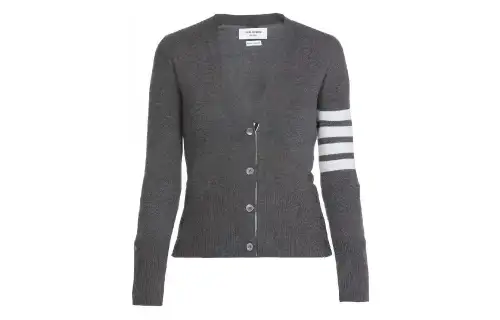THOM BROWNE Tom Brown Classic 4-Stripes V-Neck Slim Fit Cashmere Sweater Women's Gray