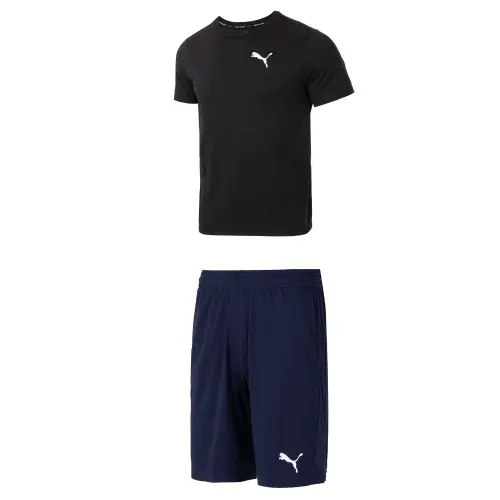 PUMA Casual Sportswear Men's Black T Shirt+Blue Shorts Crew Neck Moderate