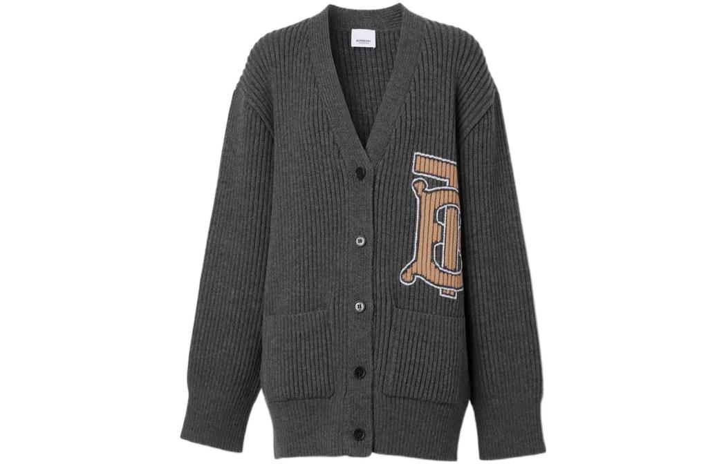 Burberry Burberry FW22 single-breasted letter logo printed striped v-neck long-sleeved sweater for women, gray