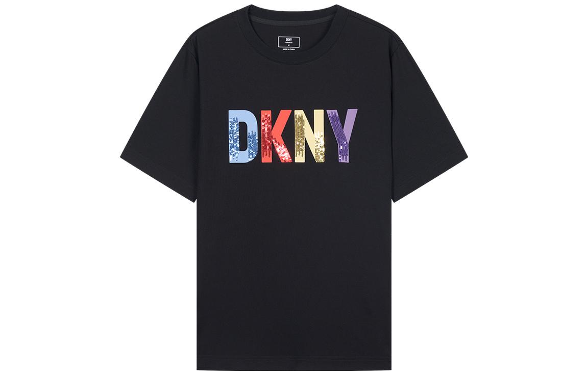 DKNY SS23 слово Мать логотип разноцветный Напечатано для отдыха короткий рукав Футболка женский черный