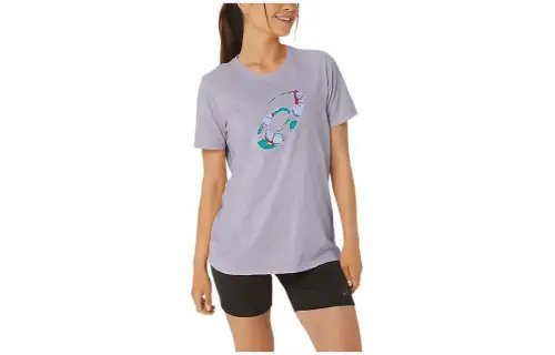 ASICS Hibiscus Spiral A T Shirts Women's Purple Crew Neck Moderate Straight Fit