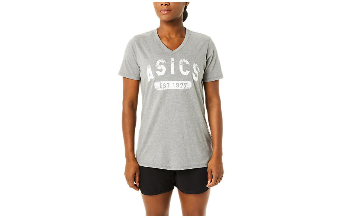 Asics Short Sleeve Est 1977 V Neck Tee T Shirt Women's Gray
