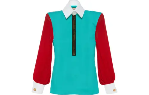 GUCCI Silk Collared Long Sleeve Blouse Blue