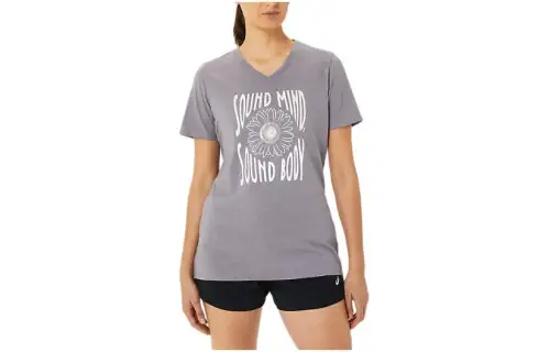 Asics Sunflower Slogan V Neck T Shirt Women's Gray