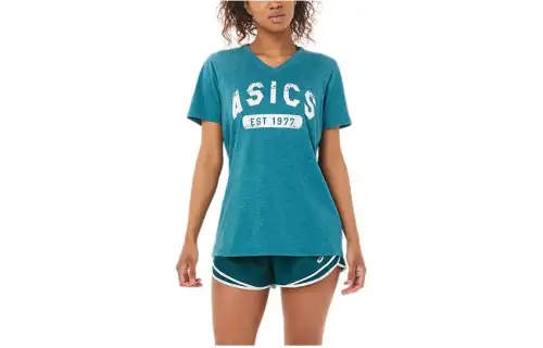 ASICS EST 1977 T Shirts Women's Cyan V Neck Moderate Straight Fit