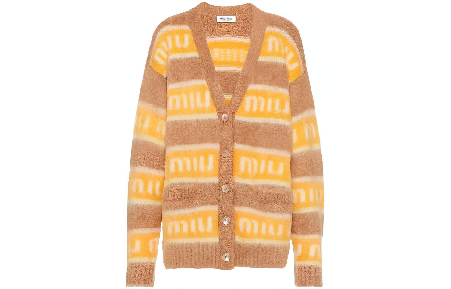 MIU MIU Miu Miu FW22 Logo Stripe Letter Jacquard Loose Sweater Women's Yellow