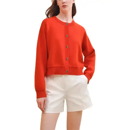 HERMES Knitwear Women's Orange Crew Neck Moderate Cardigan