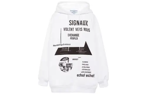 PRADA SS21 Applique Pocket Lint Loose Fit Fleece Lined Hoodie Sweatshirt Winter Women's White