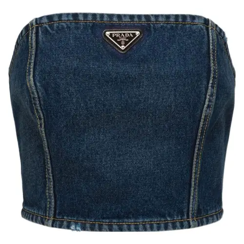 PRADA Strapless Tops Women's Blue Boat Neck Moderate Straight Fit