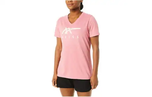 ASICS T Shirts Women's Pink V Neck Moderate Straight Fit