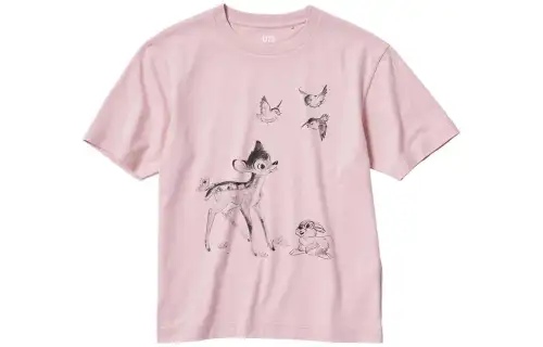 UNIQLO X Disney T Shirts Women's Pink Crew Neck Moderate Straight Fit