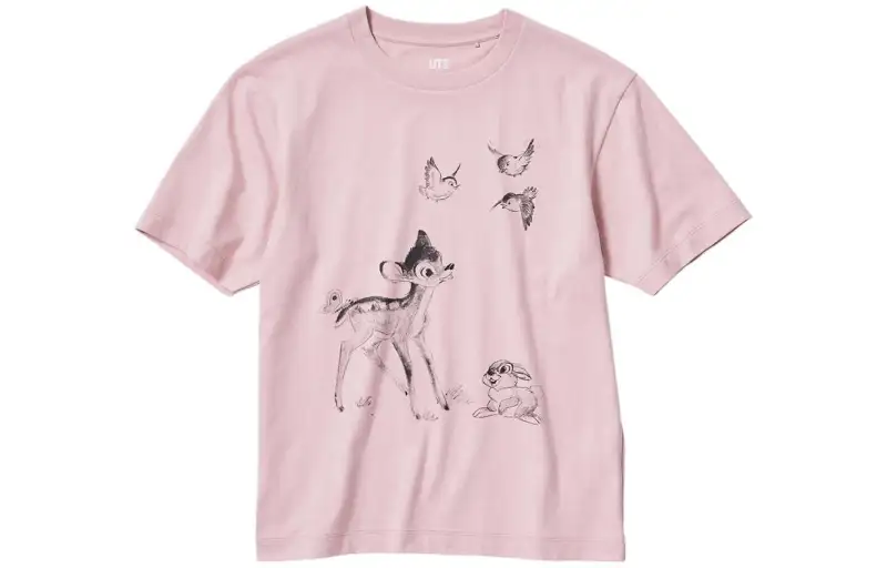 UNIQLO X Disney T Shirts Women's Pink Crew Neck Moderate Straight Fit