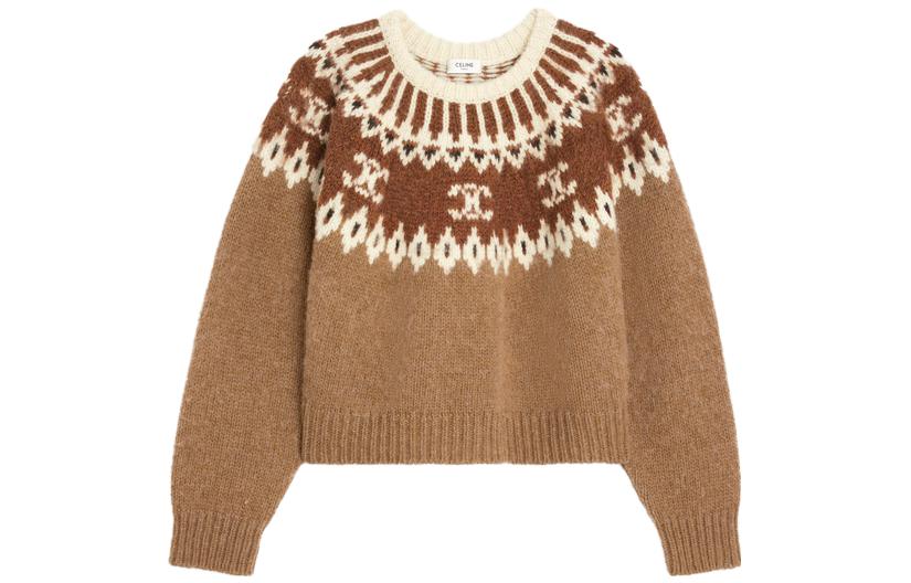 CELINE Celine, long-sleeve with a round collar, camel sweater, print, with embroidery