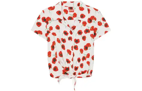 KENZO Poppy Flower Series Shirts Women's White Cuban Collar Moderate Straight Fit