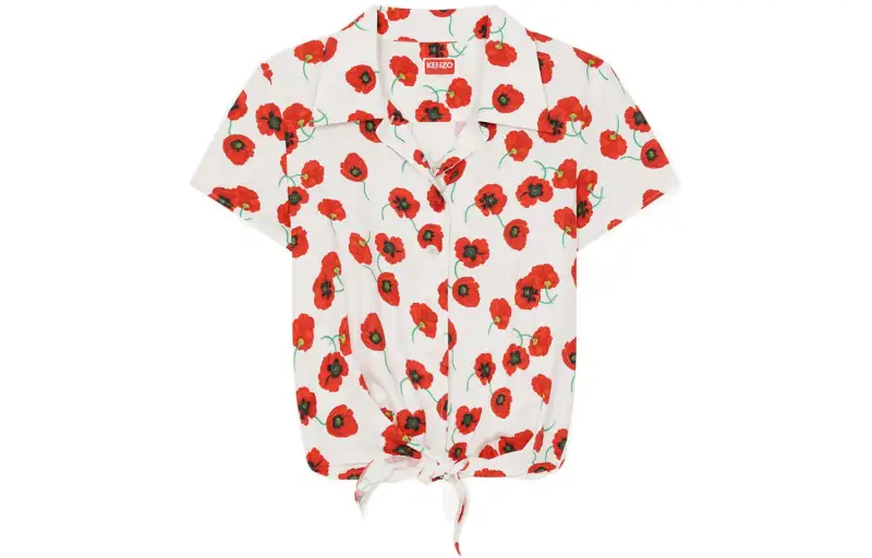 KENZO Poppy Flower Series Shirts Women's White Cuban Collar Moderate Straight Fit