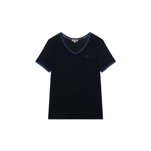 Burberry Women's Embroidered Monogram Ekd V Neck T shirt Black/Navy